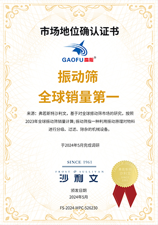 授予金年会机械“振动筛全球销量第一” 市场地位确认证书